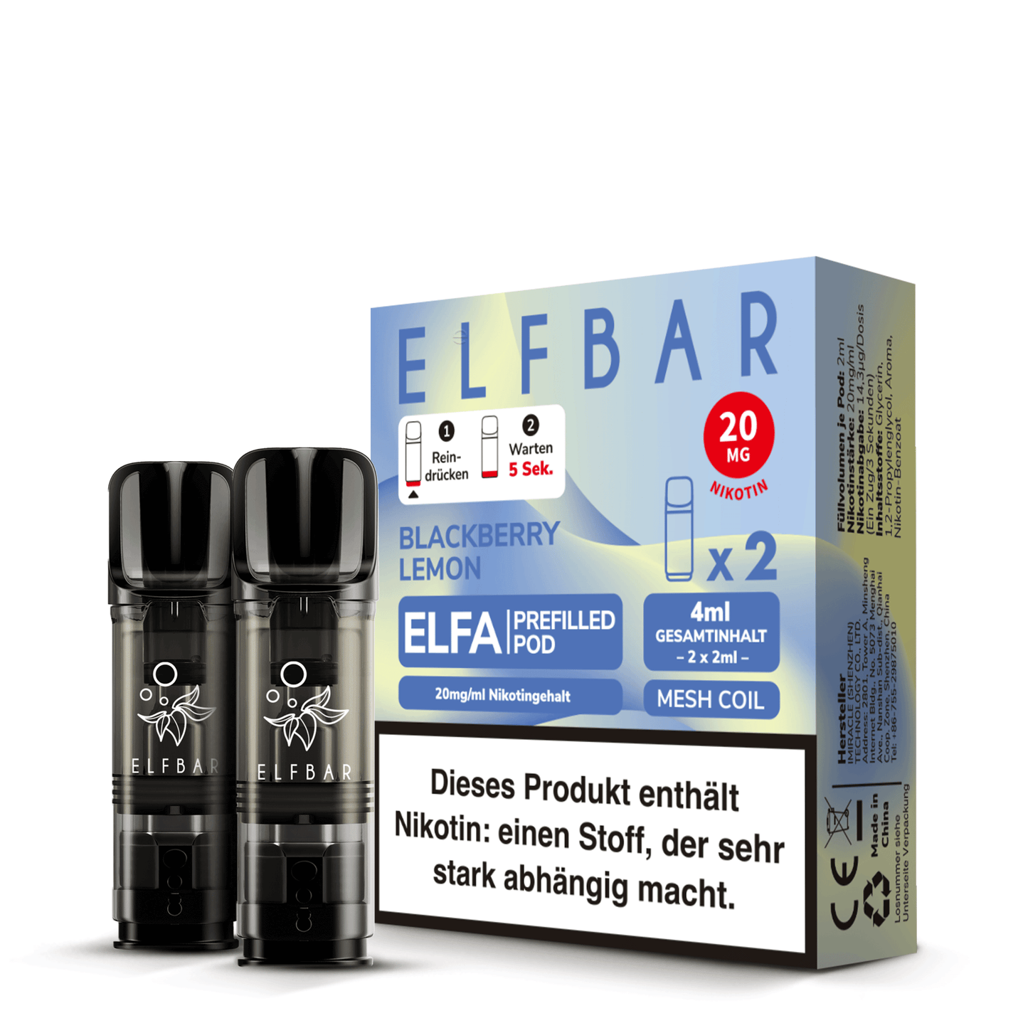 Elfbar ELFA Blackberry Lemon Einweg-Pod in lila-gelber Verpackung